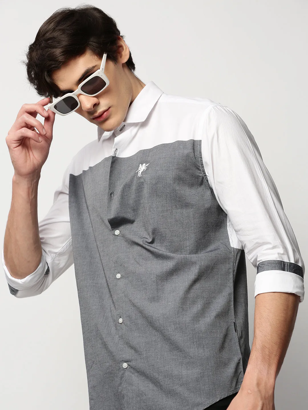 Men Grey Colourblock Casual Casual Shirts