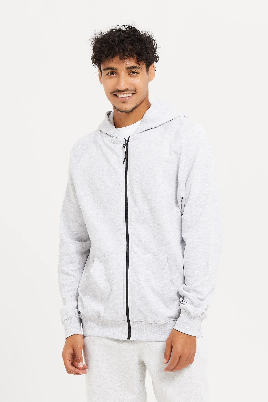 Men Grey Zip Through Hooded Sweatshirt