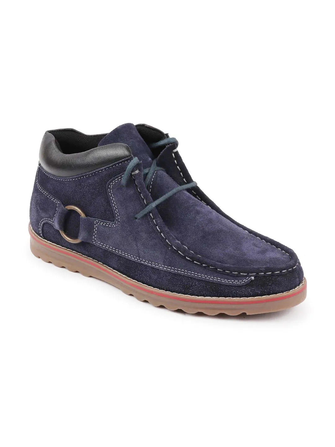 Men Navy Blue Suede Leather Mid Ankle Lace Up Casual Shoes