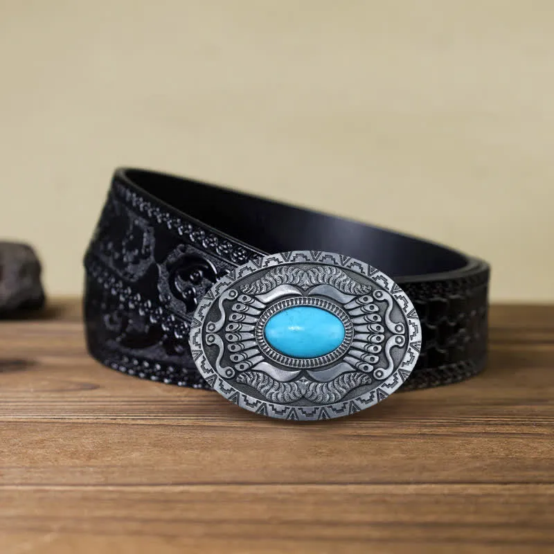 Men's DIY Indian Shield Turquoise Buckle Leather Belt