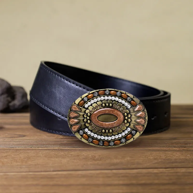 Men's DIY Indian Wood Bead Buckle Leather Belt