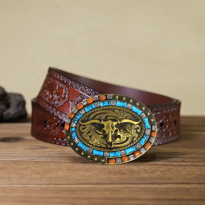 Men's DIY Turquoise Wood Bead Bull Buckle Leather Belt