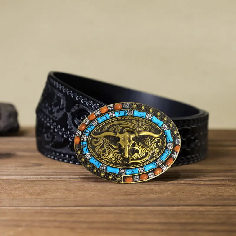 Men's DIY Turquoise Wood Bead Bull Buckle Leather Belt