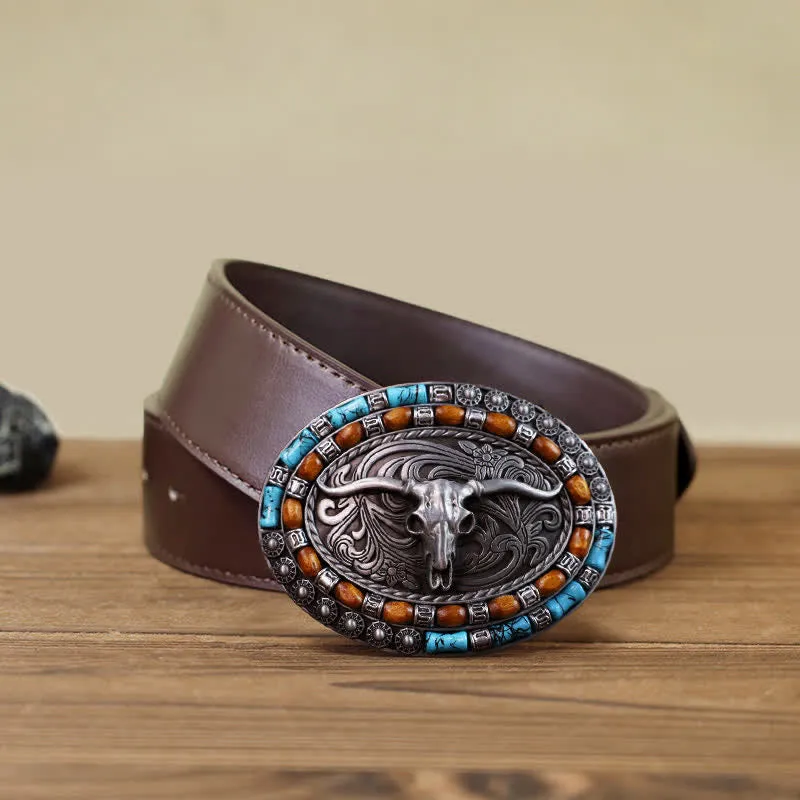 Men's DIY Turquoise Wood Bead Bull Buckle Leather Belt