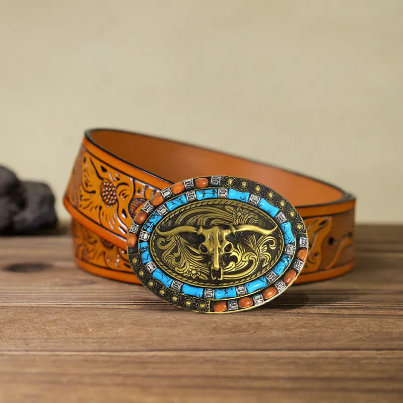 Men's DIY Turquoise Wood Bead Bull Buckle Leather Belt