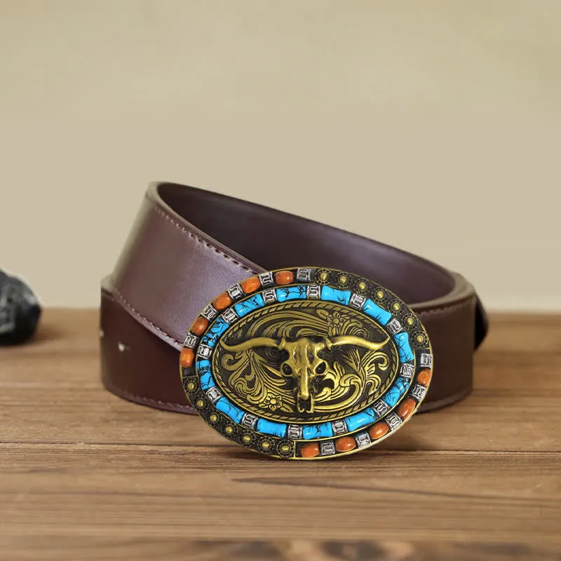 Men's DIY Turquoise Wood Bead Bull Buckle Leather Belt