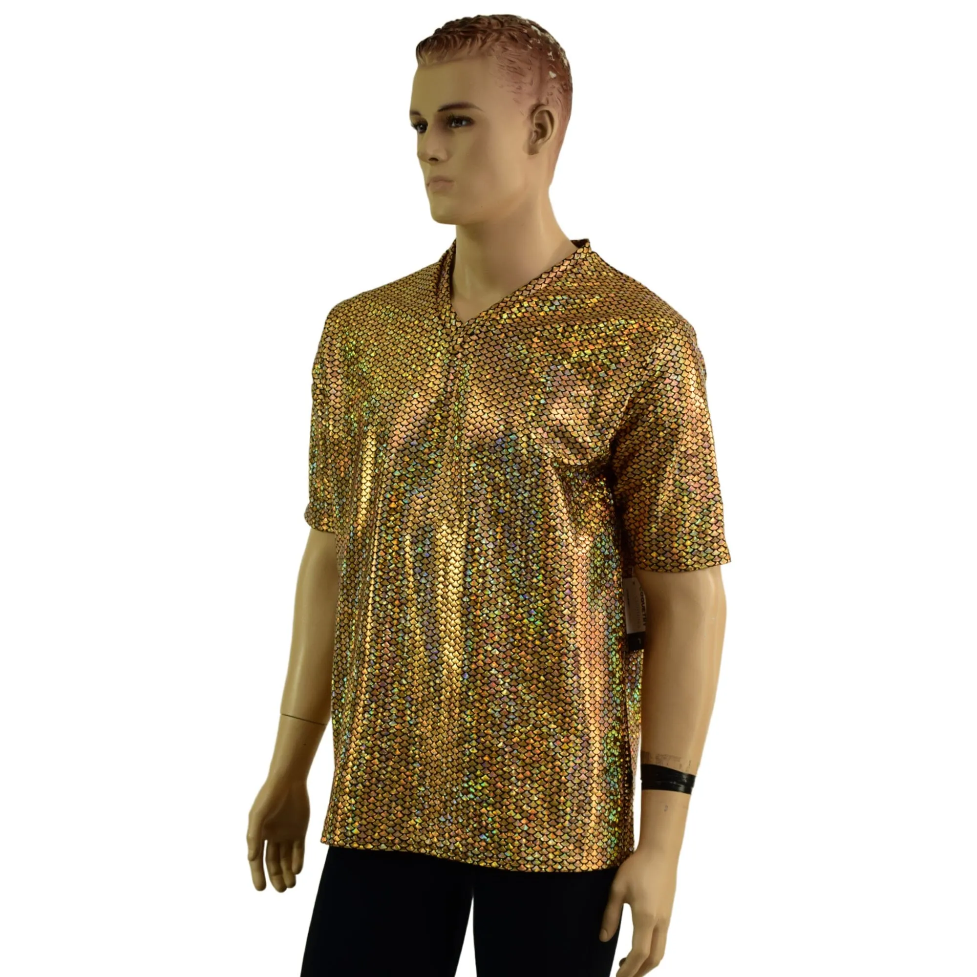 Mens Gold Fish Scale Tee Sleeve Shirt with V Neck