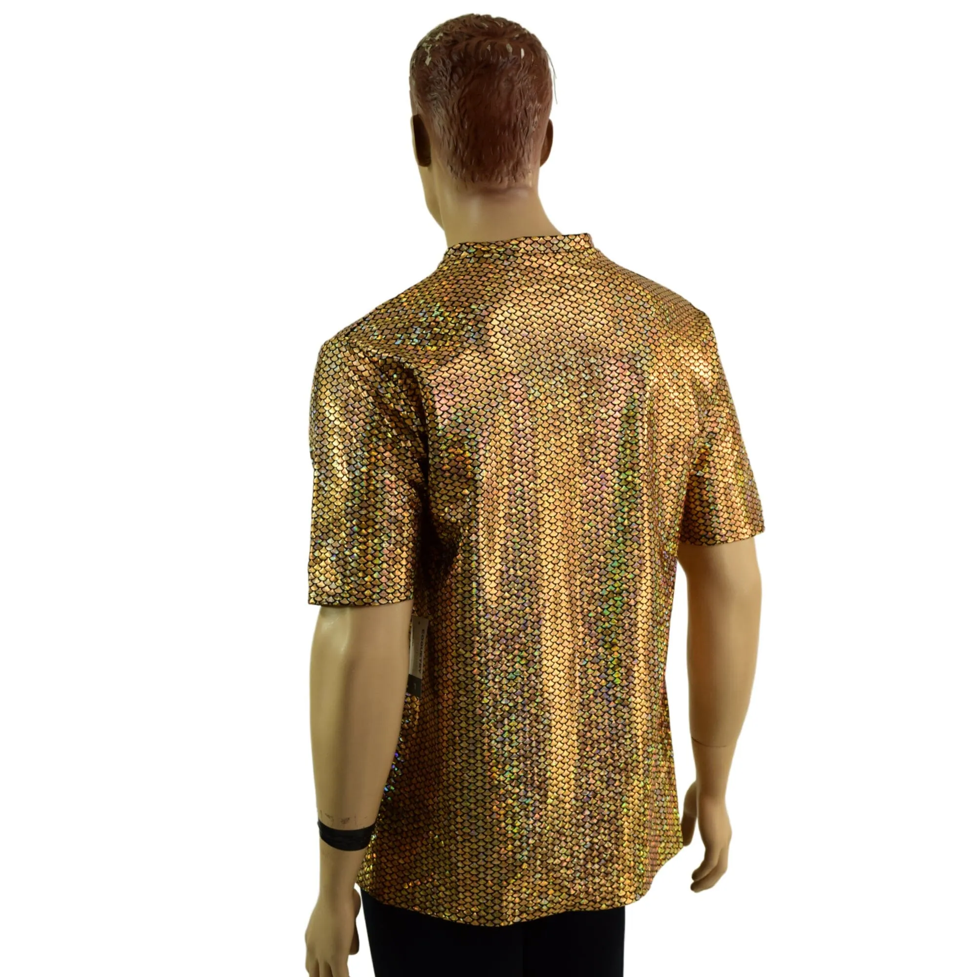 Mens Gold Fish Scale Tee Sleeve Shirt with V Neck