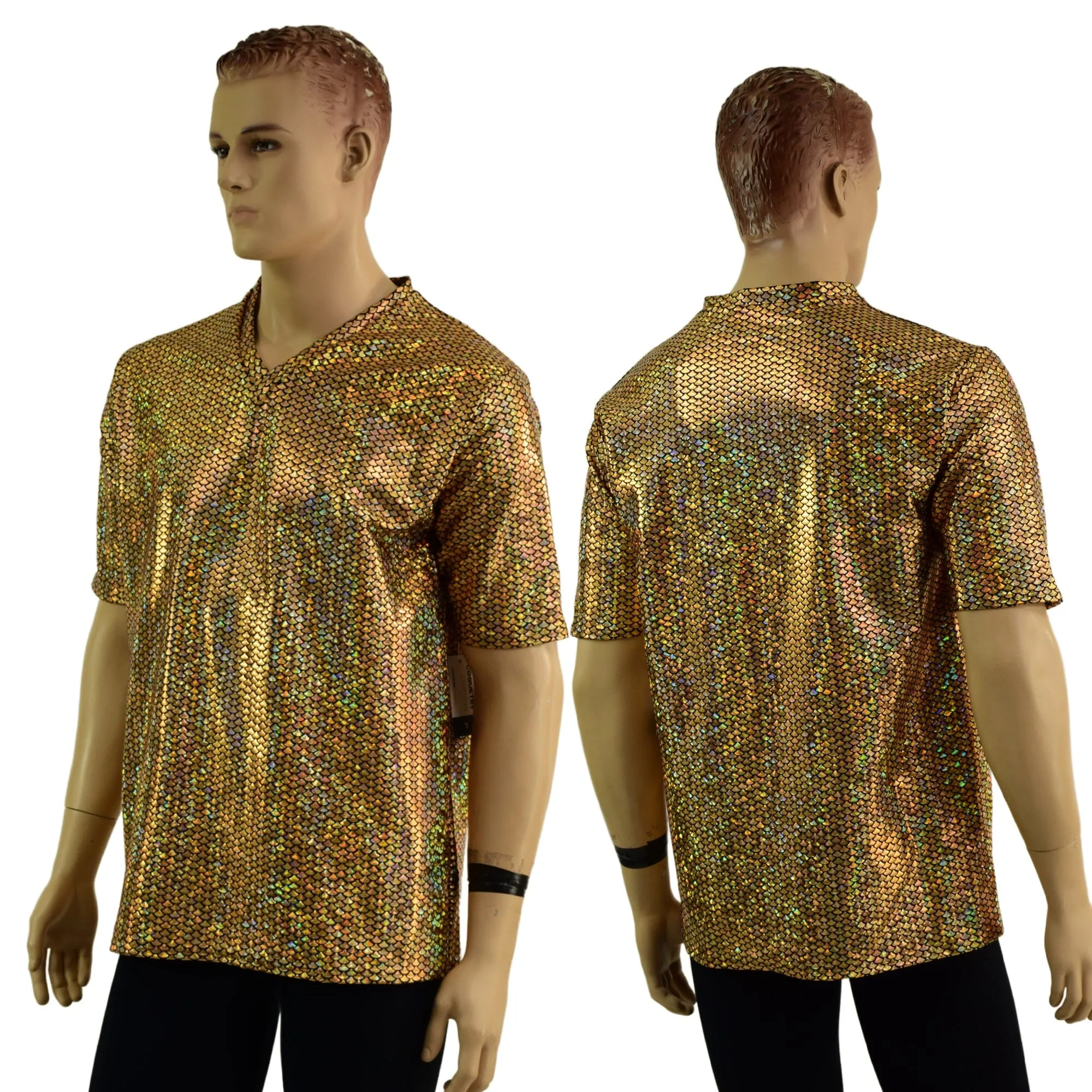 Mens Gold Fish Scale Tee Sleeve Shirt with V Neck