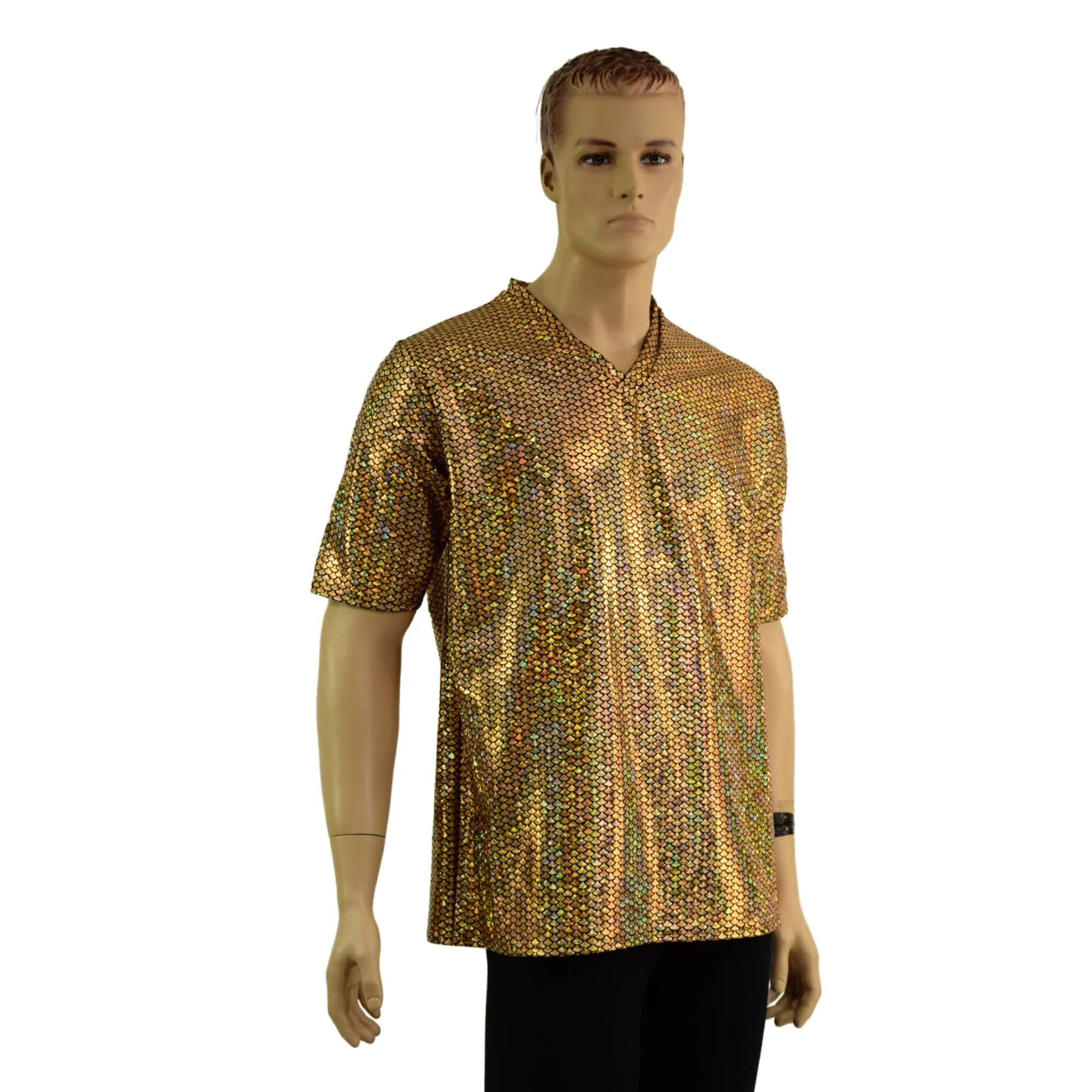 Mens Gold Fish Scale Tee Sleeve Shirt with V Neck