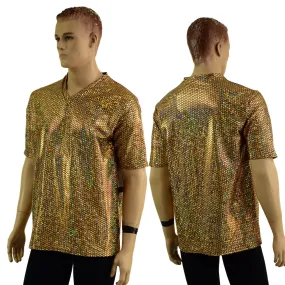 Mens Gold Fish Scale Tee Sleeve Shirt with V Neck