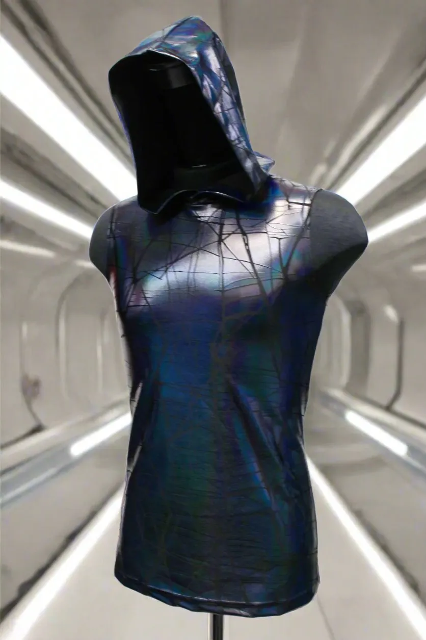 MEN'S HOODIE T - CRACKED HOLOGRAM FABRIC - BLACK