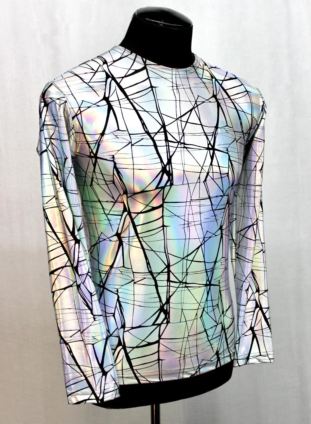 MEN'S LONG SLEEVE TEE - CRACKED HOLOGRAM FABRIC - WHITE