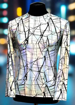 MEN'S LONG SLEEVE TEE - CRACKED HOLOGRAM FABRIC - WHITE