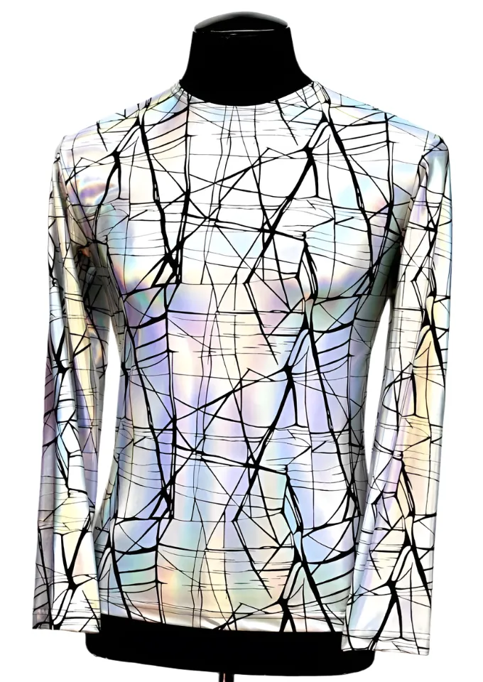 MEN'S LONG SLEEVE TEE - CRACKED HOLOGRAM FABRIC - WHITE