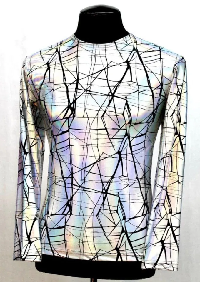 MEN'S LONG SLEEVE TEE - CRACKED HOLOGRAM FABRIC - WHITE