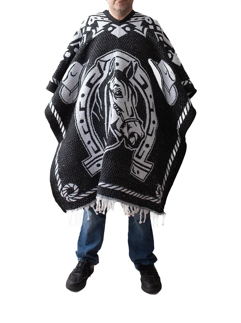 Men's Mexican Poncho - Two Horses - BLACK