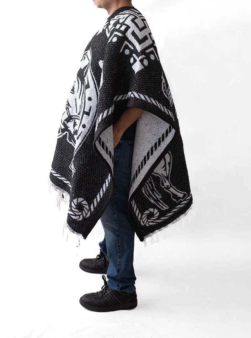 Men's Mexican Poncho - Two Horses - BLACK