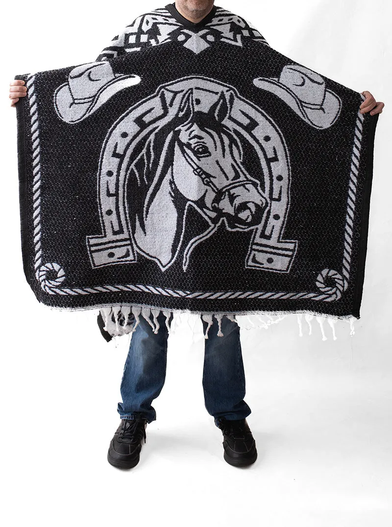 Men's Mexican Poncho - Two Horses - BLACK