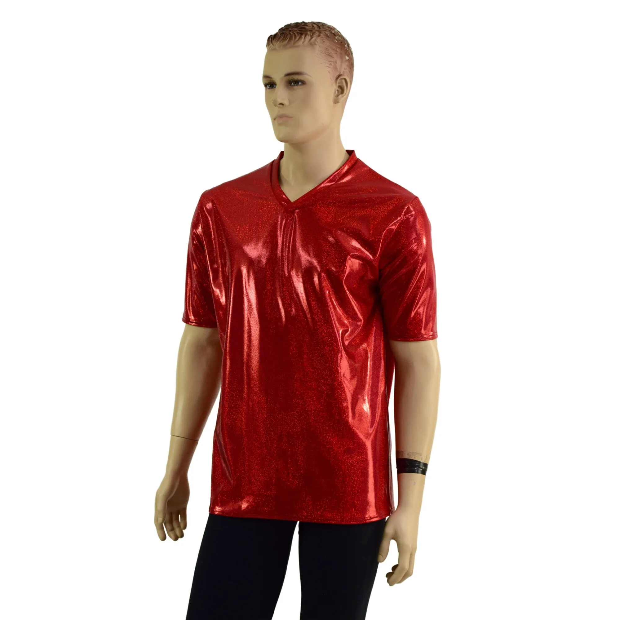 Mens Red Sparkly Jewel V Neck Shirt