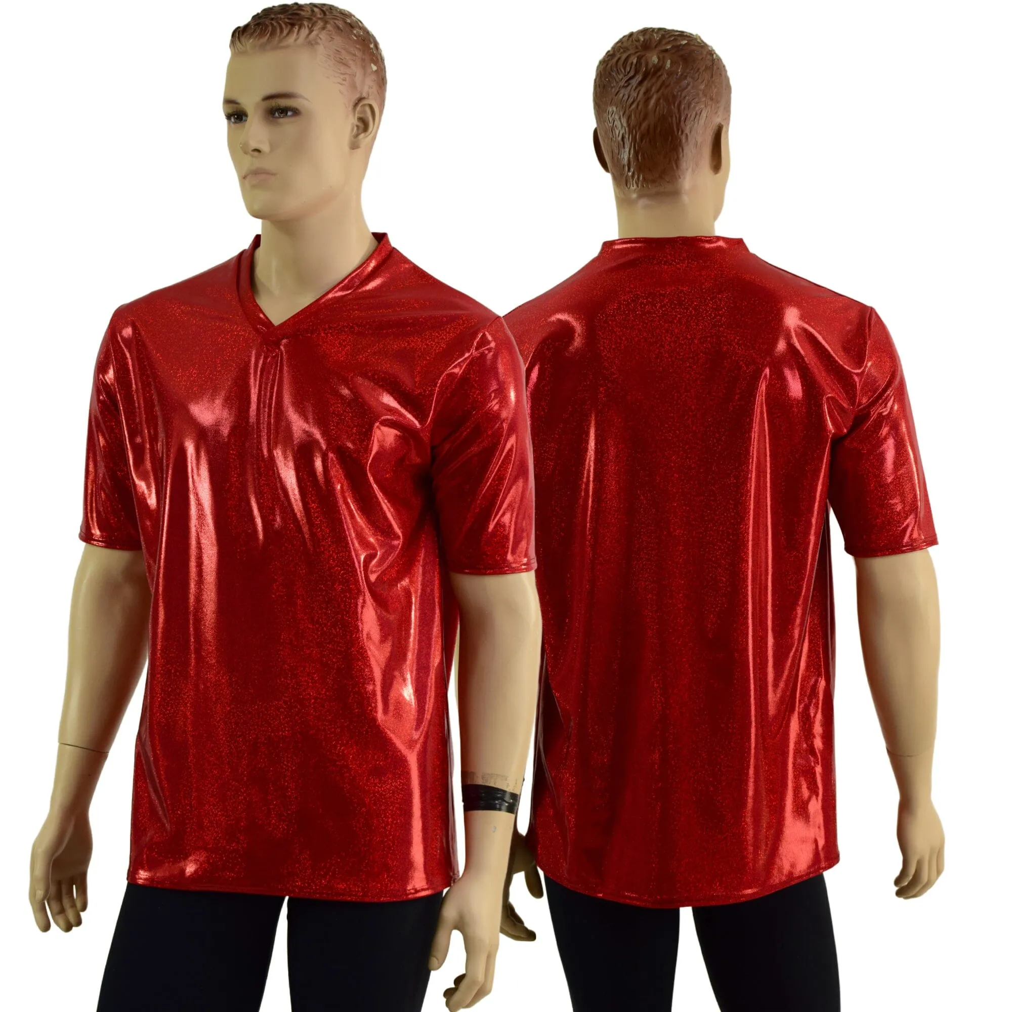 Mens Red Sparkly Jewel V Neck Shirt