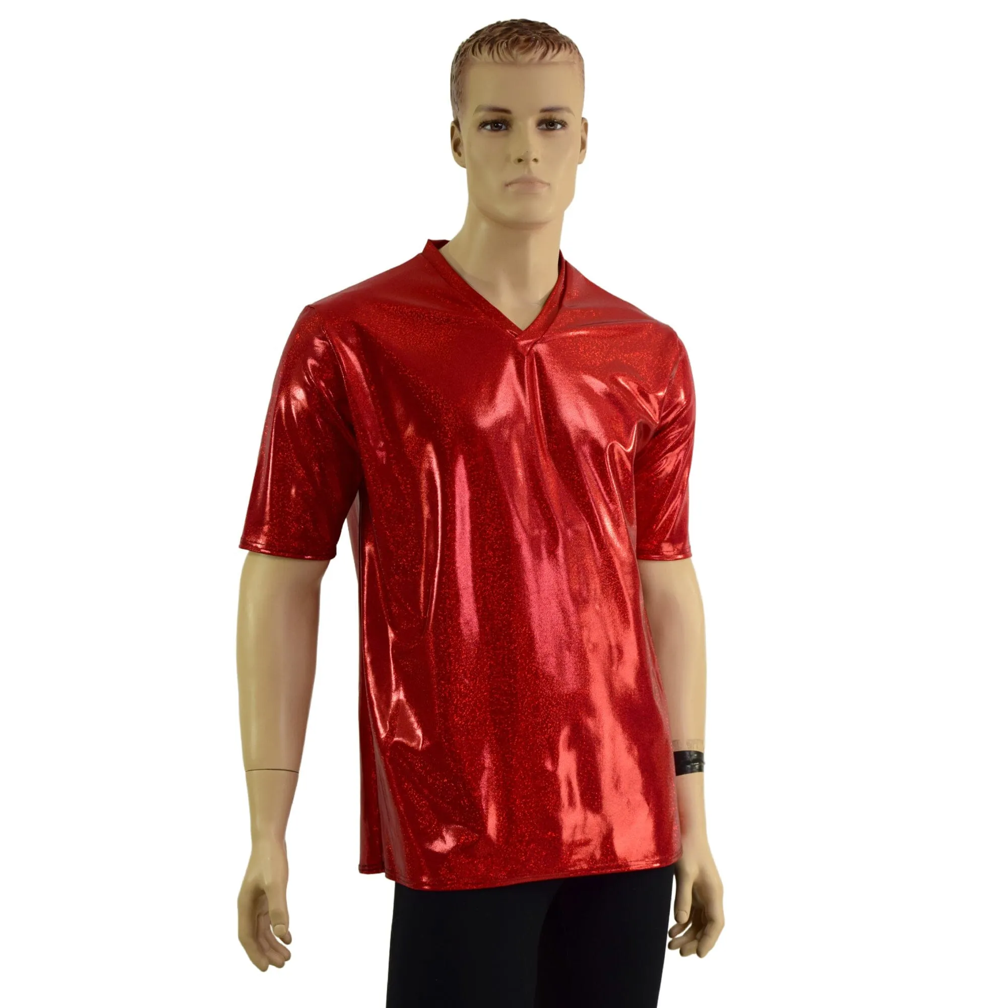 Mens Red Sparkly Jewel V Neck Shirt