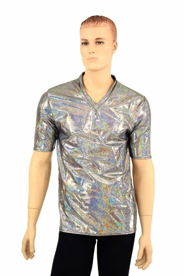 Mens Silver Holographic V Neck Shirt