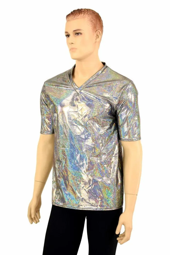 Mens Silver Holographic V Neck Shirt