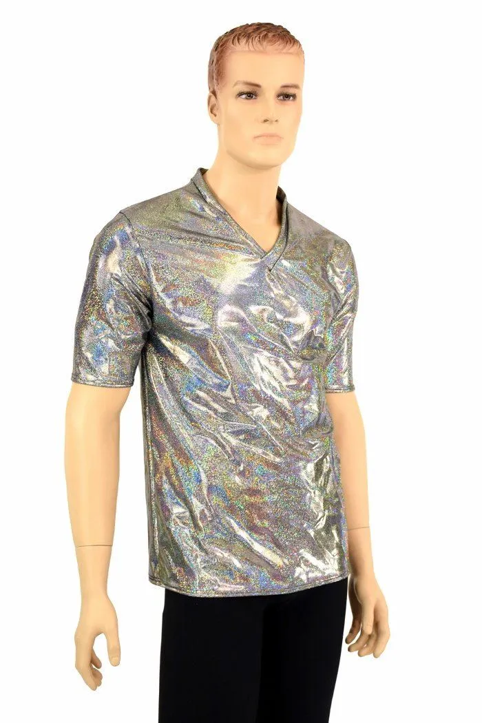 Mens Silver Holographic V Neck Shirt