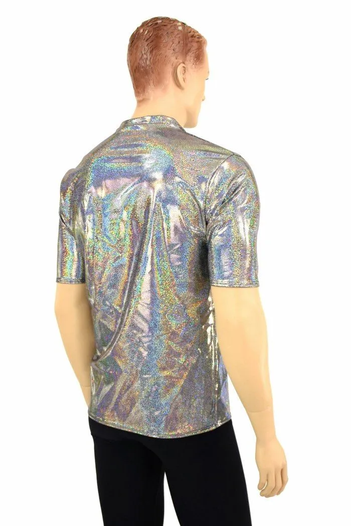 Mens Silver Holographic V Neck Shirt