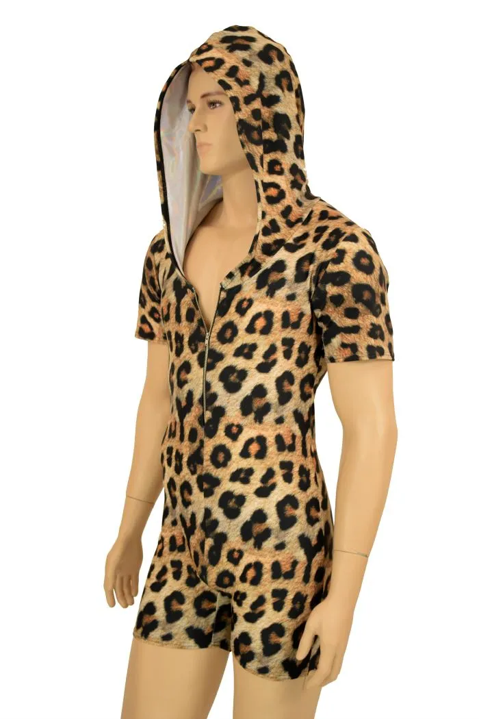 Mens Zipper Front Leopard Romper