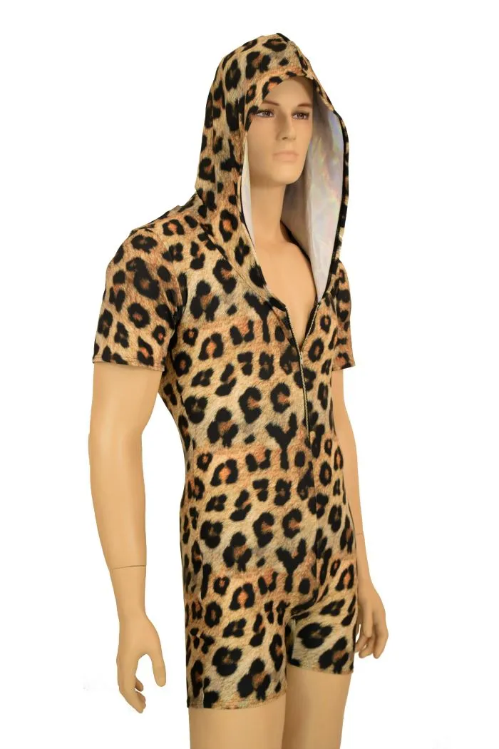 Mens Zipper Front Leopard Romper