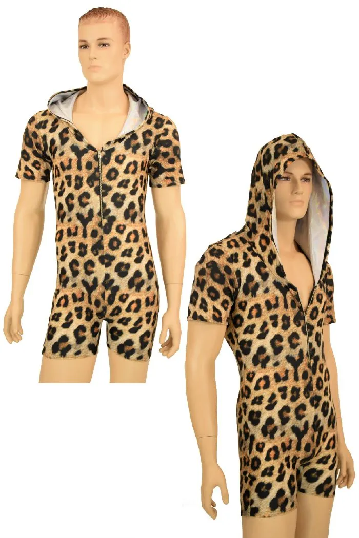 Mens Zipper Front Leopard Romper