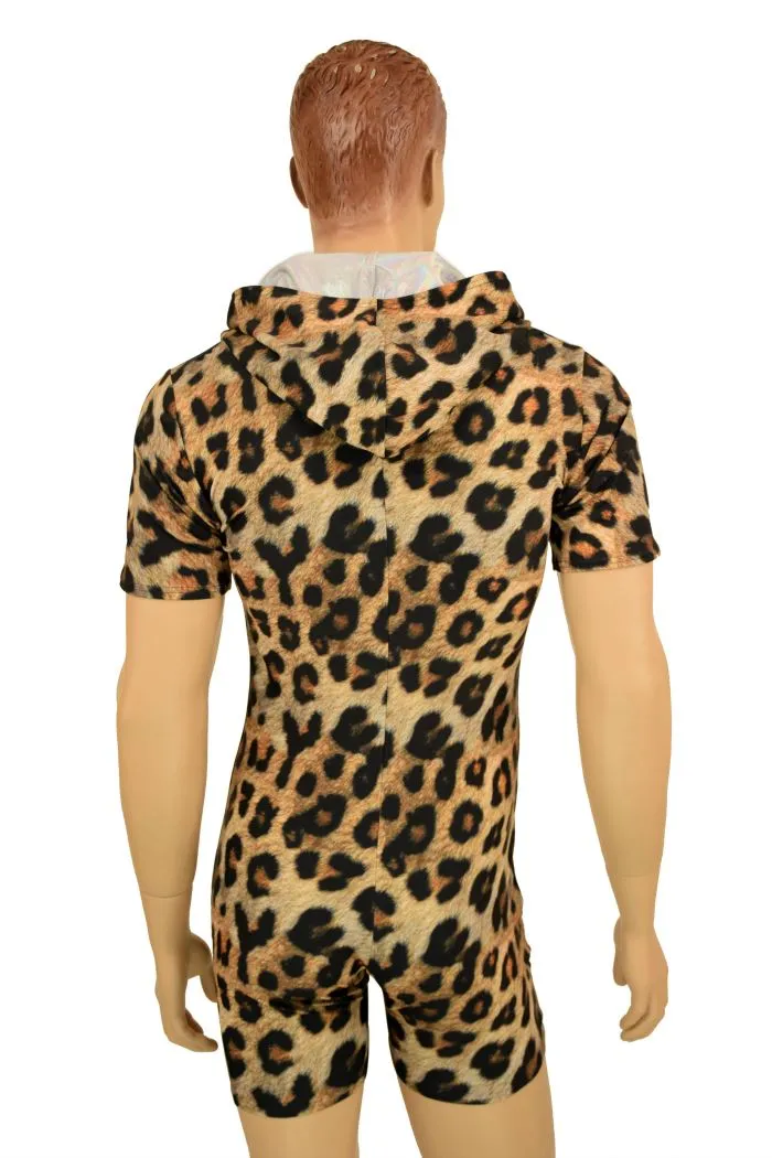 Mens Zipper Front Leopard Romper