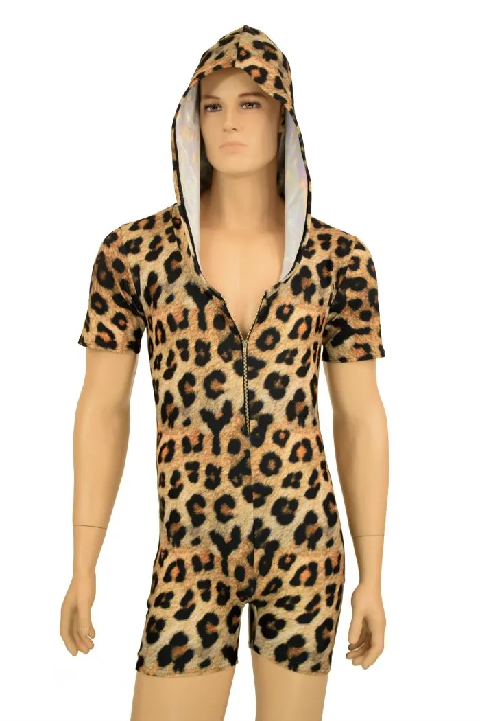 Mens Zipper Front Leopard Romper