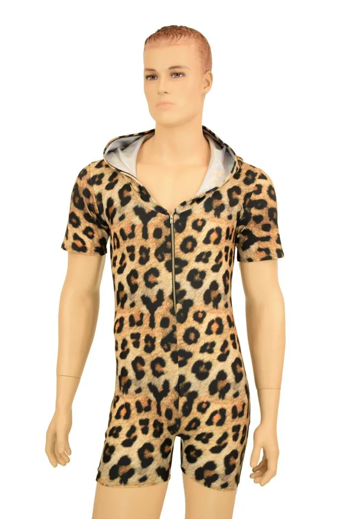 Mens Zipper Front Leopard Romper