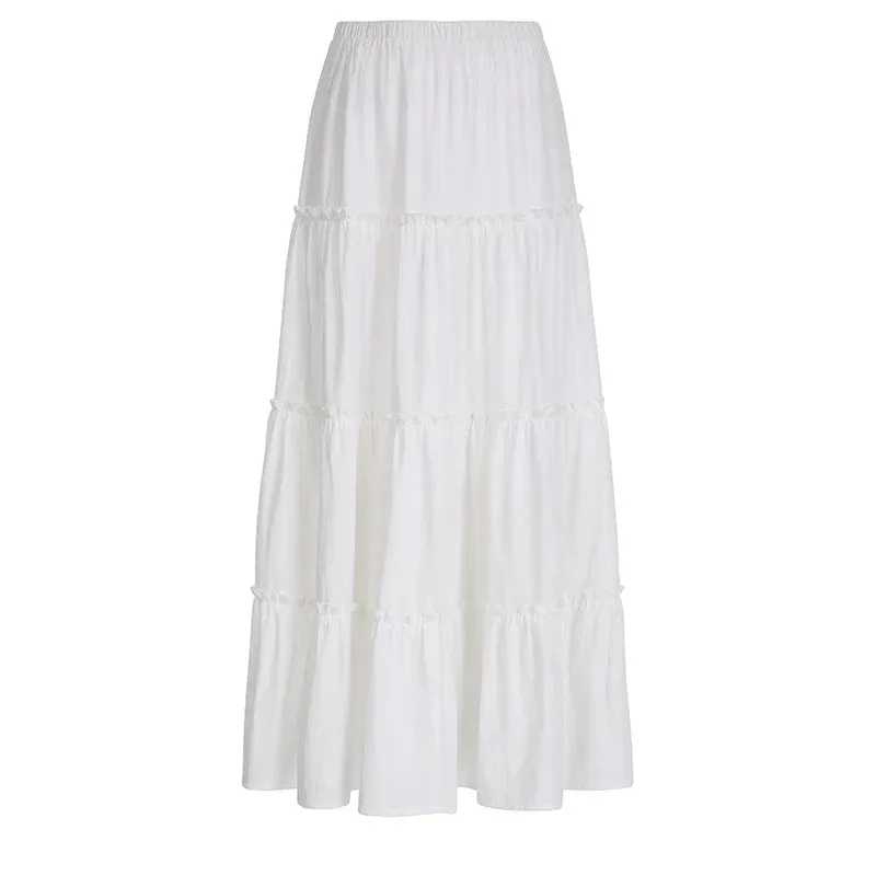 Metaversmall Streetwear White Loose Holidays Maxi Skirt Stitching Ruffles Ruched A-Line Summer Beach Women Skirt Long Sweet Bottom