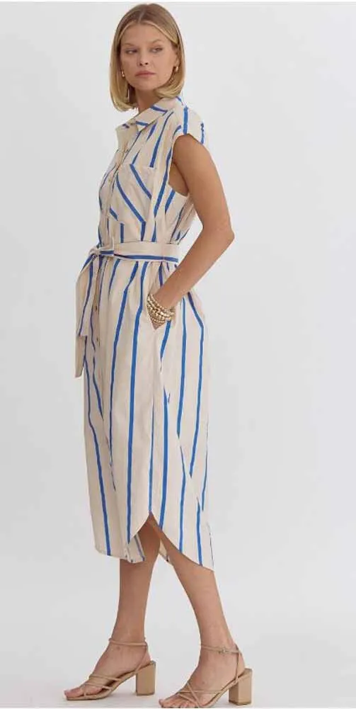 Midi Button Down Stripe Dress in Blue/Off White by Entro