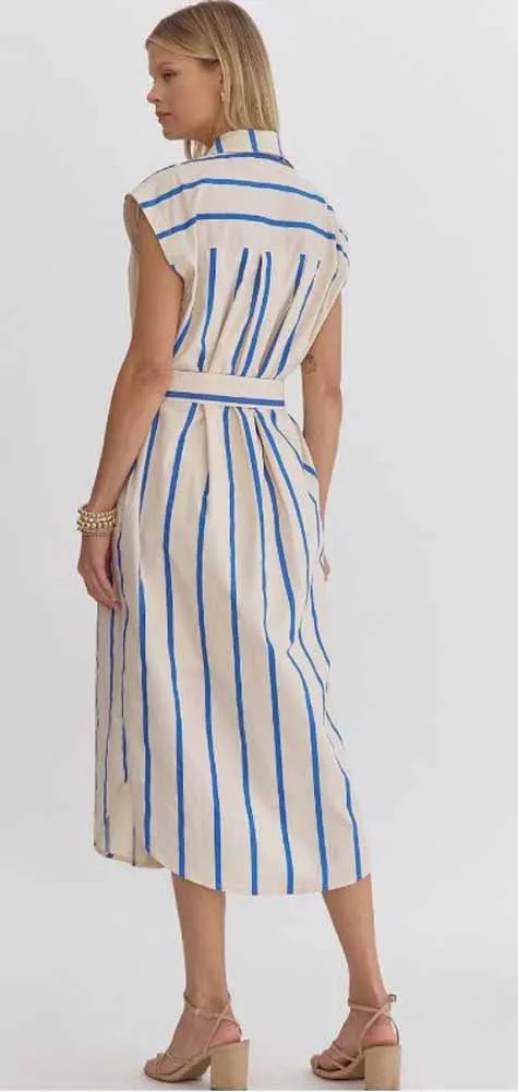 Midi Button Down Stripe Dress in Blue/Off White by Entro