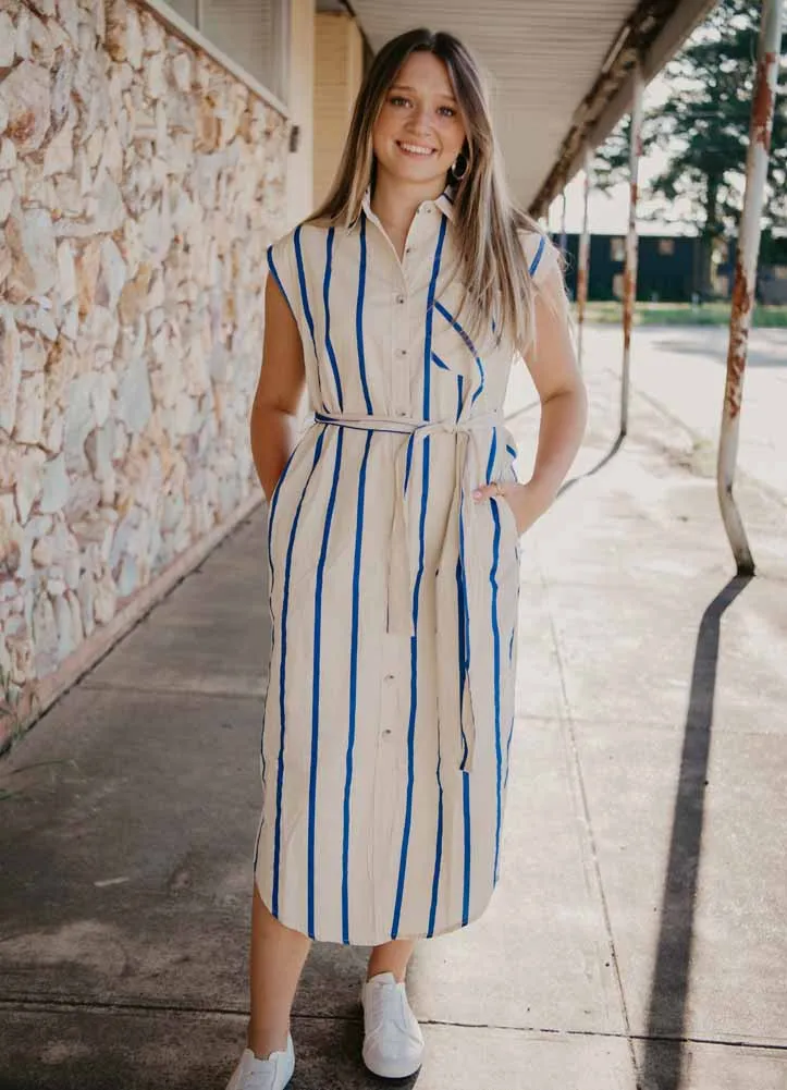 Midi Button Down Stripe Dress in Blue/Off White by Entro