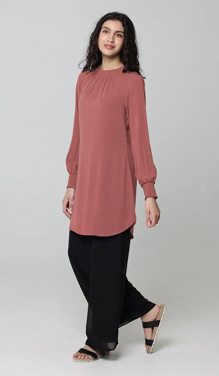 Mishal Essential Long Smocked Modest Tunic - Coral Pink