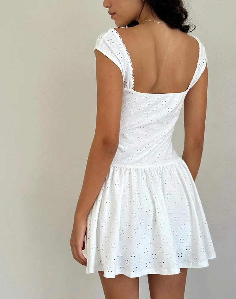 Misty Mini Tea Dress in Broderie White