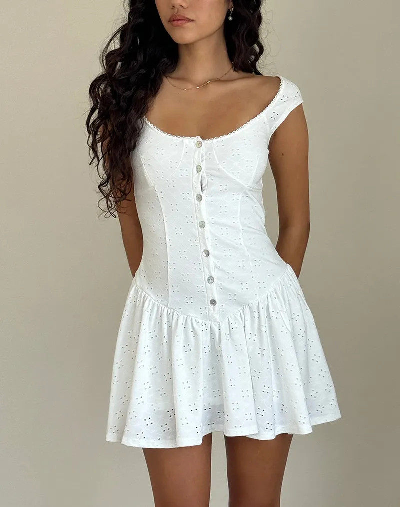 Misty Mini Tea Dress in Broderie White