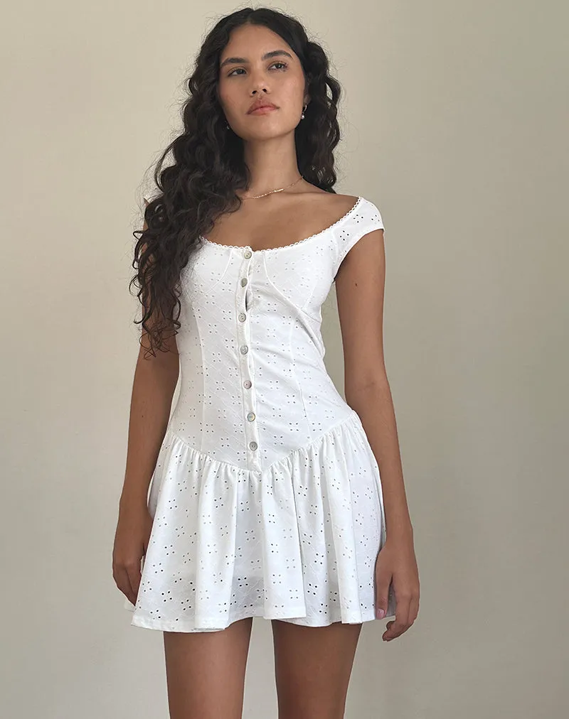 Misty Mini Tea Dress in Broderie White