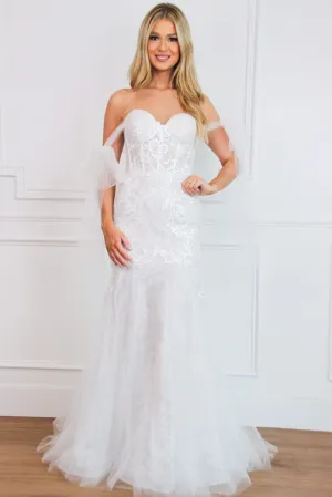 Naomi Off Shoulder Bow Lace Bustier Mermaid Wedding Dress: Off White