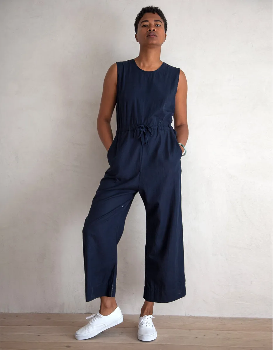 Navy Slit Back Cotton Jumpsuit