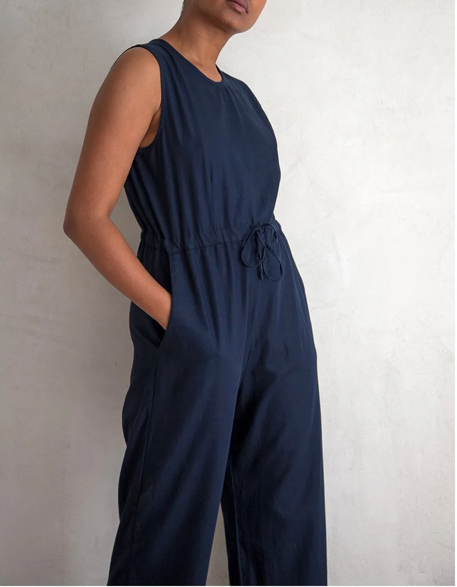 Navy Slit Back Cotton Jumpsuit