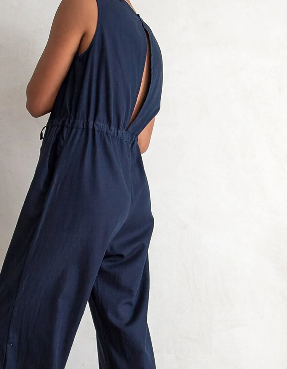 Navy Slit Back Cotton Jumpsuit