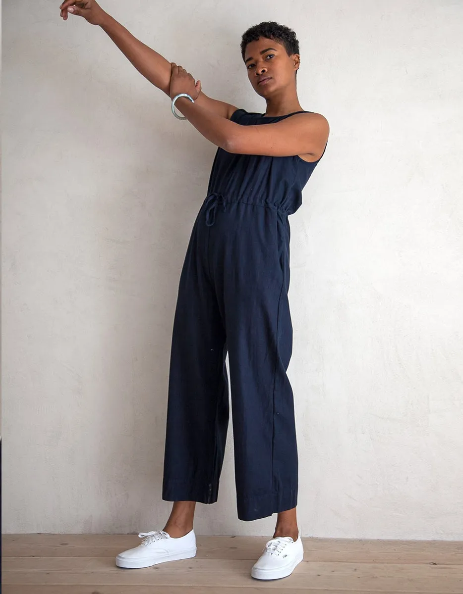 Navy Slit Back Cotton Jumpsuit