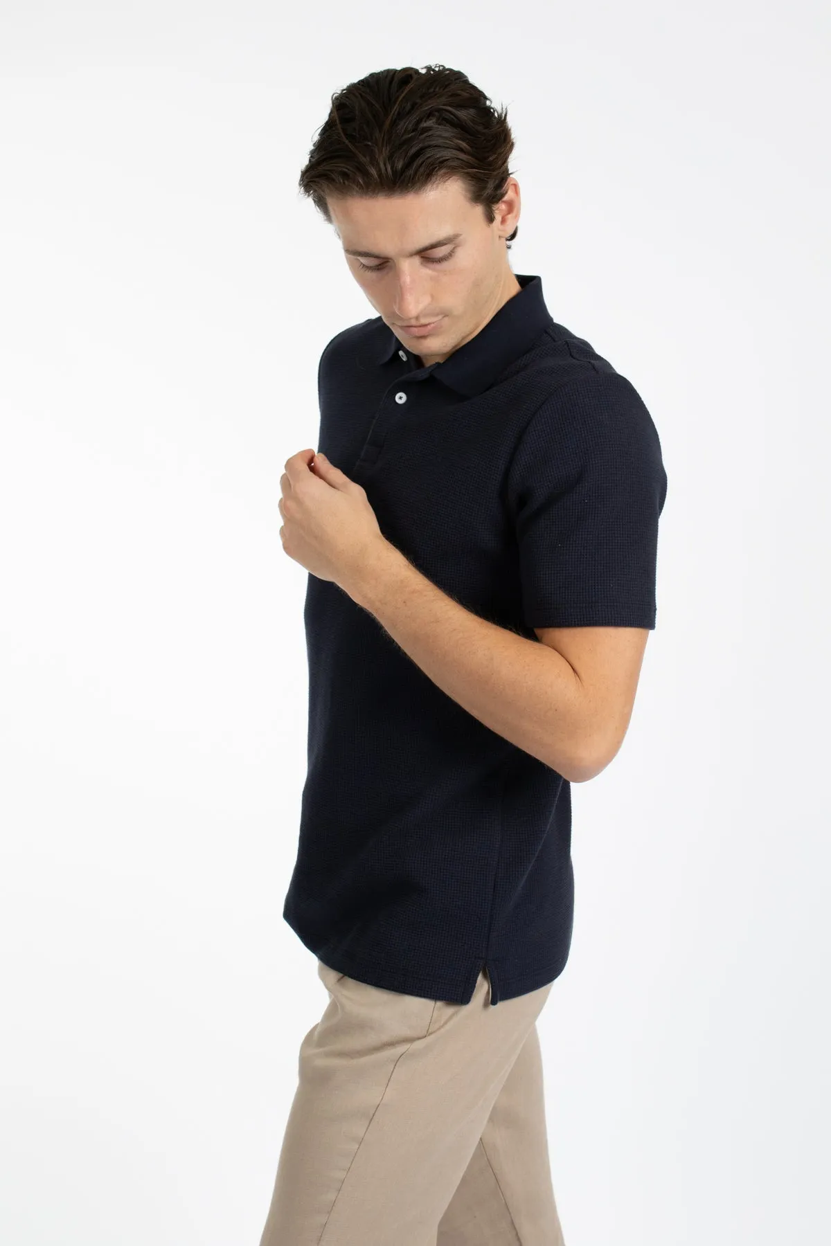 Navy Waffle Polo Shirt